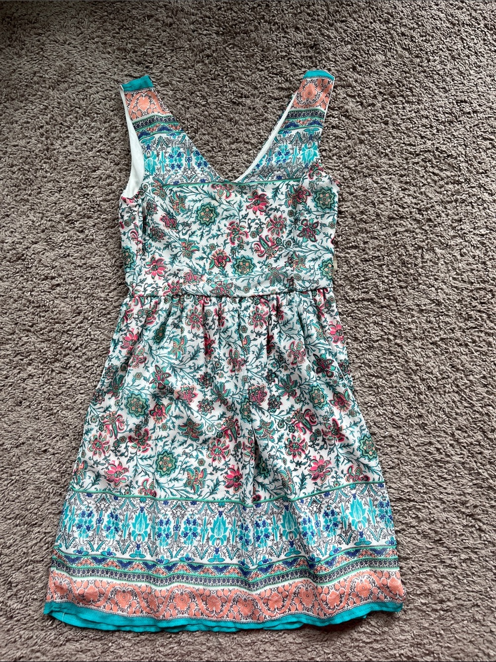 ModCloth White Floral Mini Dress with Teal and Coral Border